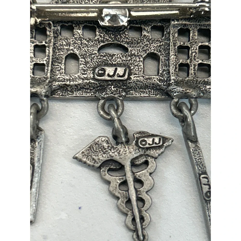 Vtg JJ Hospital Pin Silver Tone Medical Hanging Charms Nurse Doctor‎ Brooch - Picture 3 of 4